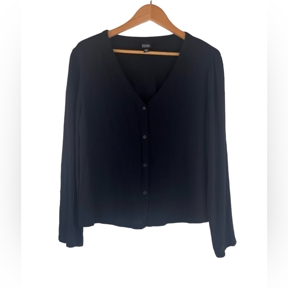 Eileen Fisher Black V Neck Rayon Blend Button Down Shirt Size M